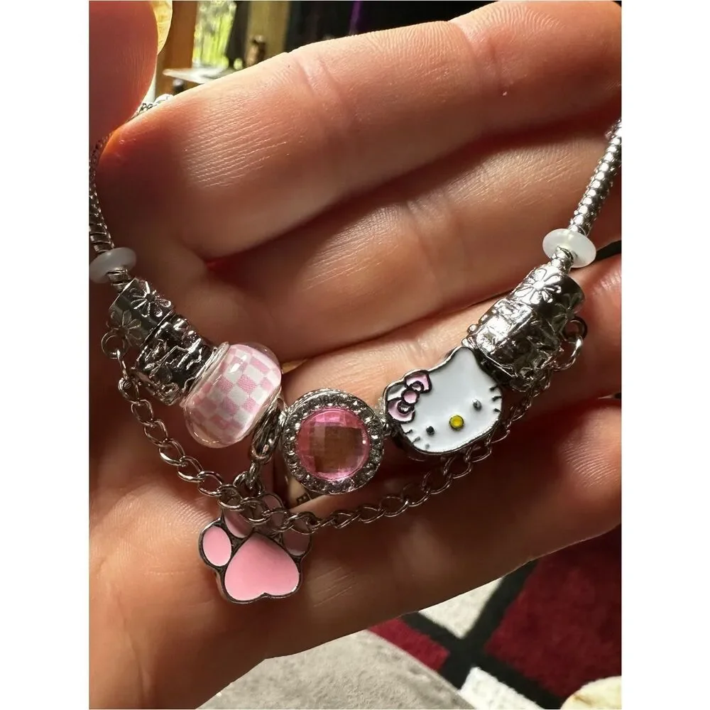 Hello Kitty Silver Charm Bracelet with Pink Enamel Accents
